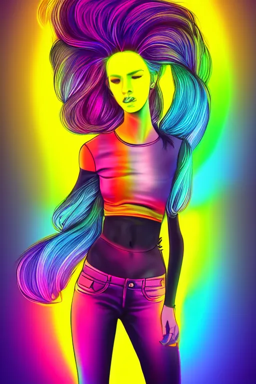 Image similar to a award winning half body portrait of a beautiful woman with stunning eyes in a croptop and cargo pants with rainbow colored ombre hairstyle head in motion and hair flying by thomas danthony, outlined by whirling illuminated neon lines, outrun, vaporware, shaded flat illustration, digital art, trending on artstation, highly detailed, fine detail, intricate