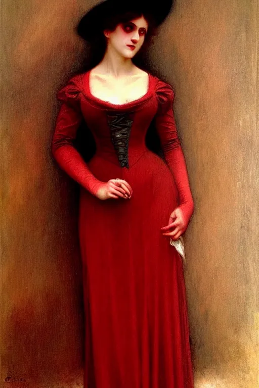 Image similar to victorian vampire in red dress, painting by rossetti bouguereau, detailed art, artstation