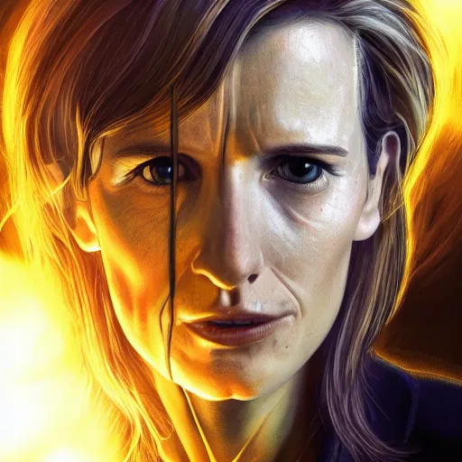 Prompt: the 13th doctor regenerating, yellow light, terrified pose, comic book, illustration, slender symmetrical face and body, artstation, cinematic lighting, hyperdetailed, cgsociety, 8k, high resolution, Charlie Bowater, Tom Bagshaw, single face, insanely detailed and intricate, beautiful, vfx, postprocessing