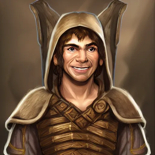 Prompt: baldurs gate 2 portrait of a male halfling cleric with defined cheekbones, dark blonde hair tied in a ponytail, wearing a brown and white robe with a white and brown cloak, wry smile