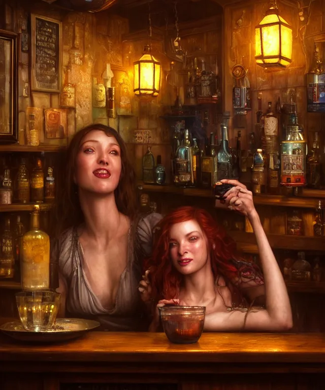 Image similar to hyperrealistic mixed media painting of a beautiful smiling charismatic barmaiden, dimly lit cozy tavern, confident relaxed pose, fantasy, stunning 3d render inspired art by Gerald Brom and Anna Dittmann + perfect facial symmetry + dim volumetric lighting, 8k octane beautifully detailed render, post-processing, extremely hyperdetailed, intricate, epic composition, grim yet sparkling atmosphere, cinematic lighting + masterpiece, trending on artstation, very very detailed, masterpiece, stunning