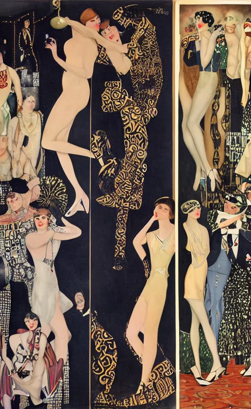 Image similar to an oil painting of jazz age high society life, 1920s style, dressed in 1920s fashion, smooth, highly detailed, high contrast, by Klimt, Coles Phillips, Dean Cornwell, JC Leyendecker, 8K