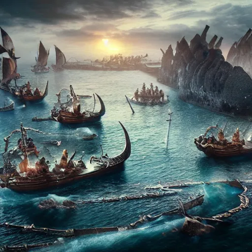 Image similar to An Epic viking sea battle, realistic 4k octane beautifully detailed render, 4k post-processing, highly detailed, intricate complexity, epic composition, magical atmosphere, cinematic lighting, masterpiece, ultra hd