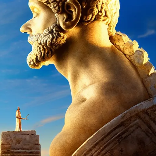 Image similar to tiny greek ancient woman in steel helmet standing on a giant greek ancient bearded man head, late afternoon light, greek temple of olympus glory island, wispy clouds in a blue sky, by frank lloyd wright and greg rutkowski and ruan jia