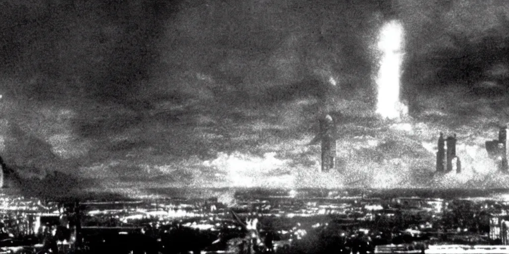 Image similar to a filmstill of Kim Jong-il, monster destroying Pyongyang, in Godzilla (1954) by Ishirō Honda, epic ultrawide shot, cinémascope