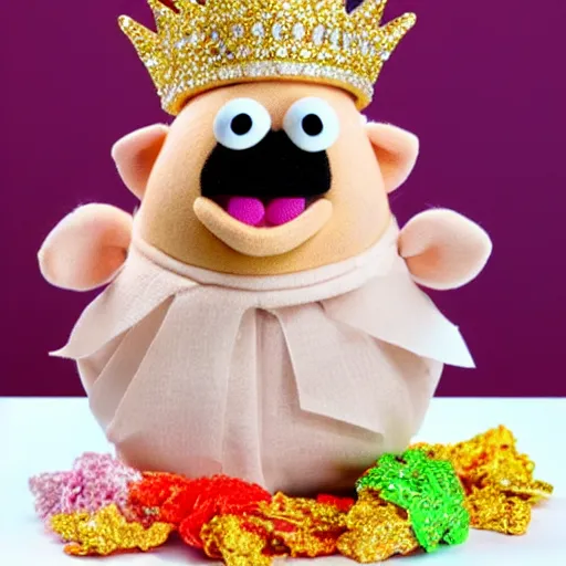 Image similar to pig wearing a gold crown as a Muppet holding an arm full of different snack bags 8k