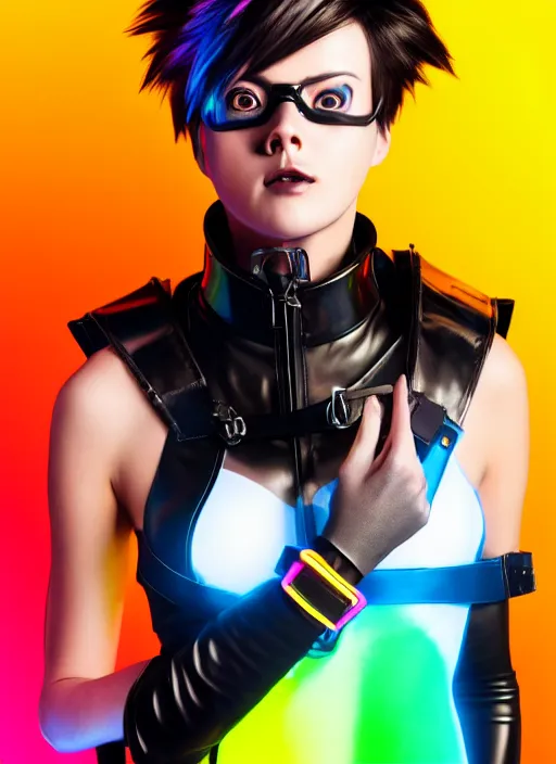 Image similar to hyperrealistic style portrait of tracer overwatch, confident pose, wearing black iridescent rainbow latex, rainbow, neon, 4 k, expressive happy smug expression, makeup, in style of mark arian, wearing detailed black leather collar, wearing sleek armor, black leather harness, expressive detailed face and eyes,