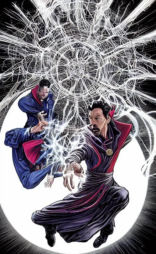 Prompt: hyper realistic third first image on the scattered absurdity server, dr strange and dr seuss, very pretty, portal hopping and time warping with reckless abandon, by alex grey