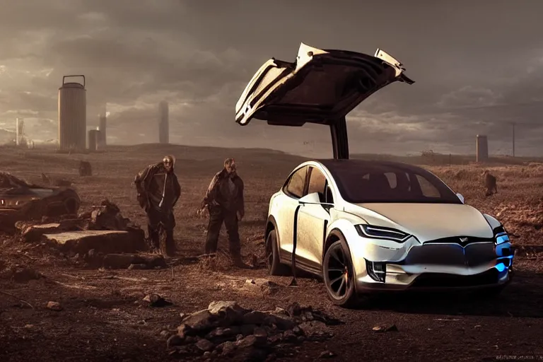 Image similar to Post-apocalyptic photo of a Tesla Model X on a rugged farm in futuristic Iowa, dramatic lighting, cinematic, establishing shot, extremely high detail, photorealistic, cinematic lighting, post-processed, concept art, artstation, matte painting, style by eddie mendoza, raphael lacoste, alex ross