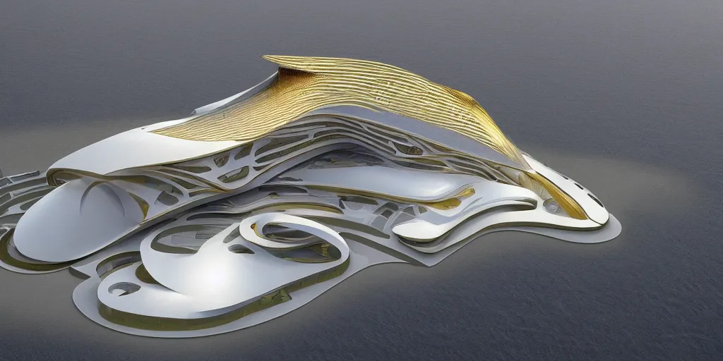 Image similar to mosque floating spaceship by zaha hadid, golds fantasy world