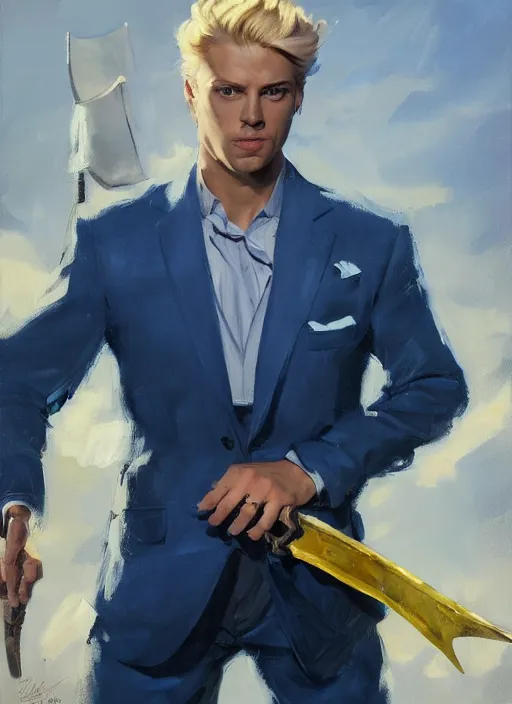 Image similar to greg manchess portrait painting of a blond man in a blue suit with a sword and a pistol, asymmetrical, profile picture, organic painting, sunny day, matte painting, bold shapes, hard edges, street art, trending on artstation, by huang guangjian, gil elvgren, ruan jia, randy vargas, greg rutkowski