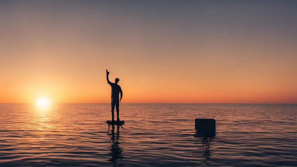 Prompt: a movie still of a man standing on the roof of a car driving through the ocean at sunset, golden hour