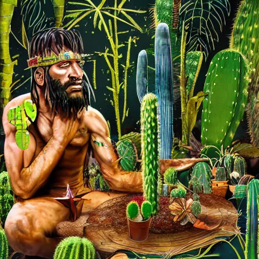 Image similar to single spartan in amazonian jungle surrounded by cactus with a shaman offering peyote with a camp fire on a full moon with stars