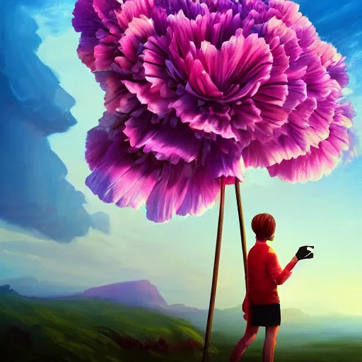 Image similar to giant carnation flower as a head, girl hiking in a canyon, surreal photography, sunrise, dramatic light, impressionist painting, colorful clouds, digital painting, artstation, simon stalenhag