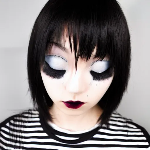 Prompt: japanese girl with emo makeup and long hair, bangs