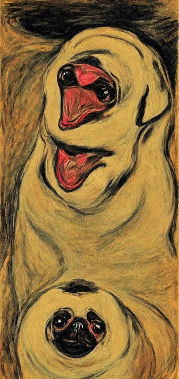 Image similar to a mouth-opened pug in shock , in the Style of The Scream , painted by Edvard Munch