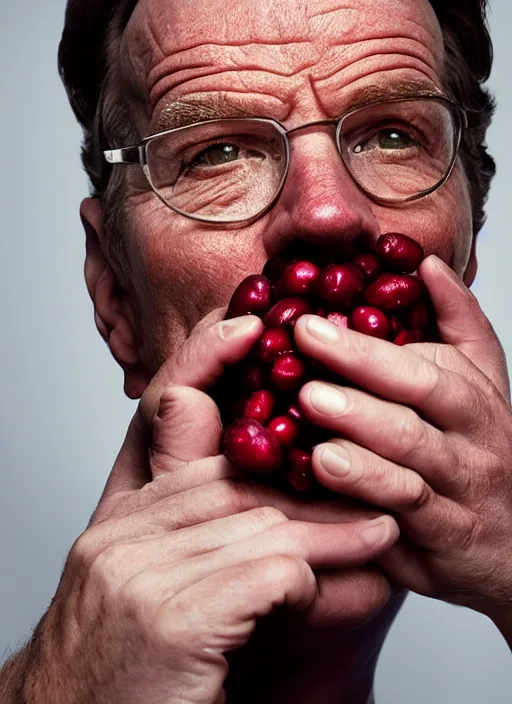 Image similar to bryan cranston bulging cheeks eating cranberries, open mouth spilling cranberries, hamster cheeks, studio light, bloom, detailed face, magazine, press, photo, steve mccurry, david lazar, canon, nikon, focus