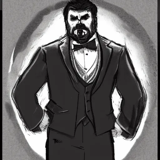 Prompt: a burly man in a tuxedo, character portrait, ink drawing, black and white, concept art by tim bradstreet