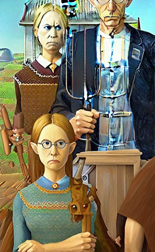 Image similar to american gothic by grant wood in the style of Legend of Zelda: Breath of the wild