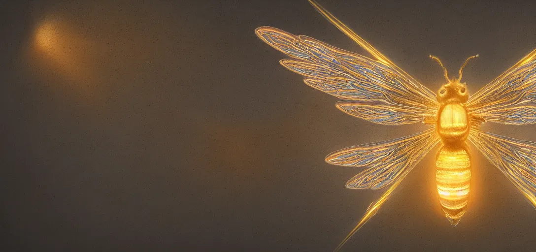 Image similar to An epic, ornate, highly detailed painting of a bee with back-lit translucent glowing angels wings, rim light, volumetric lighting, octane render, 8k