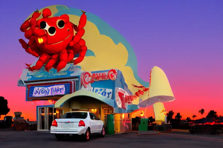 Image similar to giant crab attacking a california drive in, in 2 0 1 2, cutecore, y 2 k, bathed in the the glow of the sunset, low - light photograph, in style of monkeybone