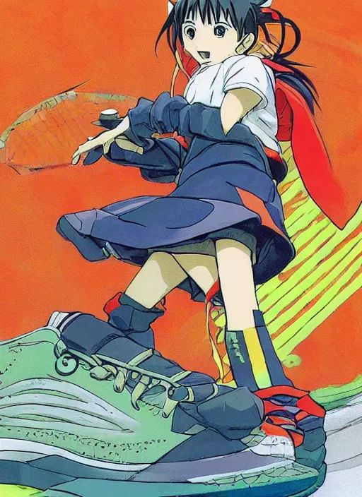 Image similar to a shonen jump color page illustration of a futuristic tennis girl wearing yeezy 5 0 0 sneakers and an anorak inspired in inuyasha by brian froud and frank frazetta