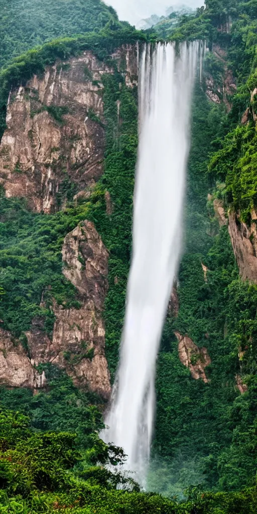 Image similar to A cloudy peak in southern China with one waterfall,in which rainbow can be seen in the middle of the waterfall. the style of National Geographic magazine