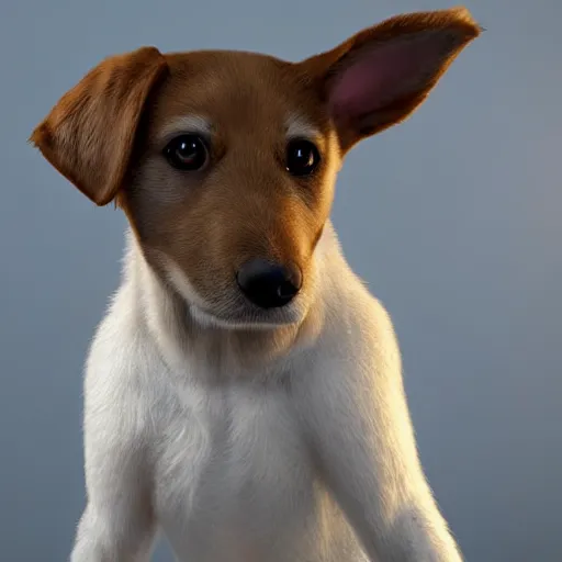 Image similar to crisp quality and light reflections, photorealistic portrait, studio lighting, still photo of a cute dog with human eyes, bright studio setting, highly detailed, unreal engine 5 quality render, uncanny valley