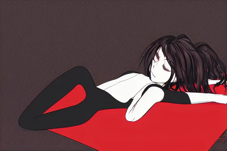 Image similar to a girl laying in an artsy pose, wearing a black outfit with red trim, vector shaded anime style, detailed anime digital art, 4 k