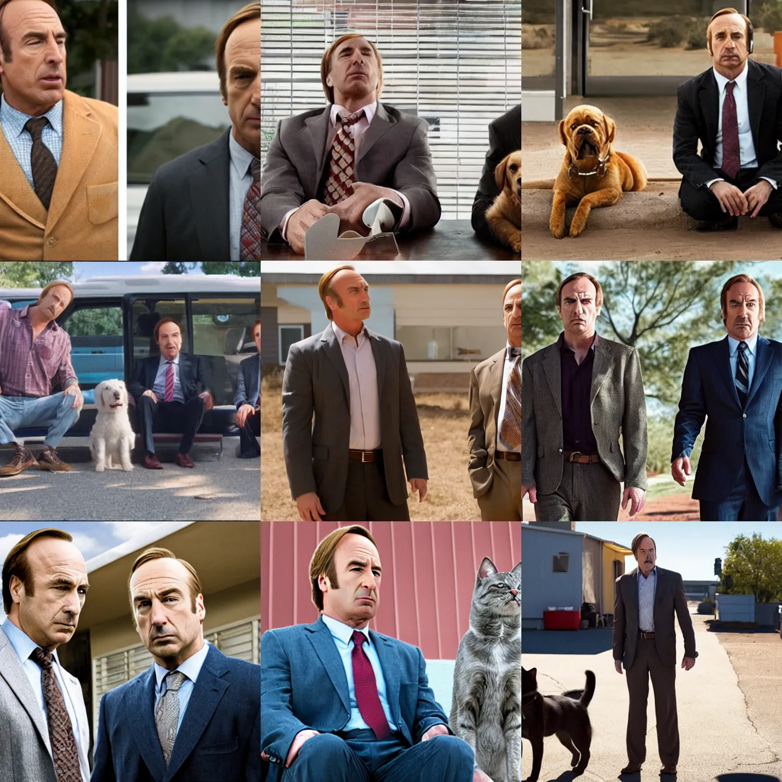 Prompt: better call saul, casted by cats and dogs as the actors, still movie frame