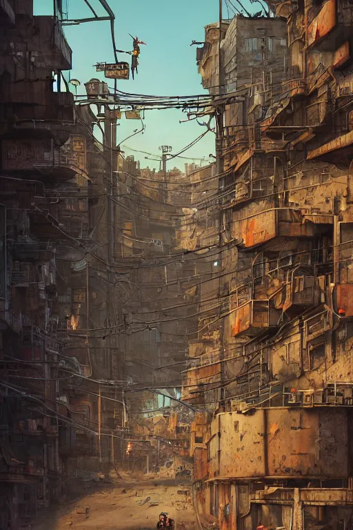 Image similar to a industrial STEAMPUNK CITY Street scenery in the FAVELAS, signs, billboards and cable Connecting MULTI LVL BUILDINGS, rendered by simon stålenhag, rendered by Beeple, Makoto Shinkai, syd meade, environment concept, digital art, starwars, Gundam Style, unreal engine, 3 point perspective, WLOP, trending on artstation, low level, 4K UHD image, octane render,