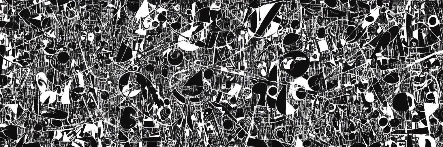 Image similar to visual representation of be - bop jazz music, 5 0 % transparent black and white, abstract, dark, unreal, insightful, philosophical, multiple musical instruments, moma museum,