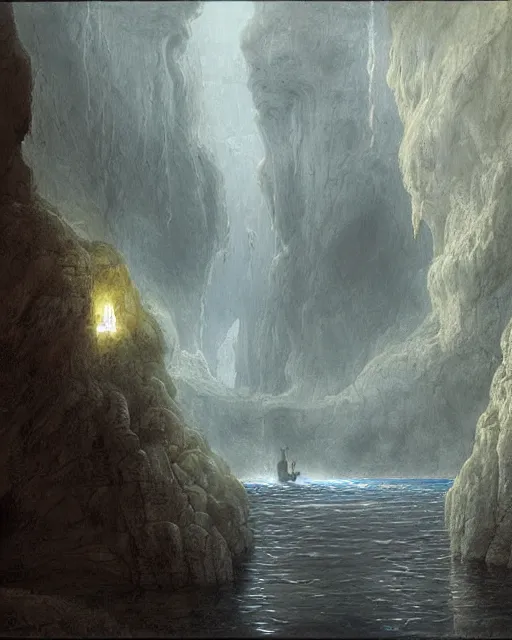 Prompt: painting of a man in a boat in a cave, a detailed matte painting by john howe, cgsociety, fantasy art, matte painting, lovecraftian horror, fantasy