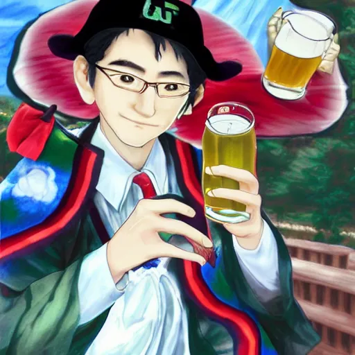 Image similar to highly detailed portrait of touhou project creator and video game designer zun drinking a single beer