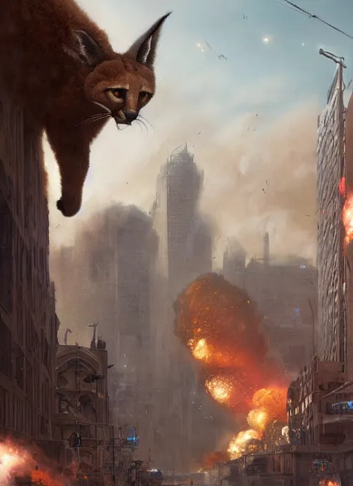 Prompt: hyper realistic giant fluffy caracal attacking city harbor explosions, atmospheric beautiful details, strong composition painted by kim jung giu weta studio rutkowski, james gurney and greg rutkowski, and lucasfilm