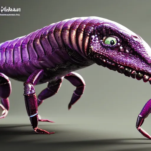 Prompt: purple alien reptile creature crustacean character concept with many legs detailed photo realistic 3d render 4k