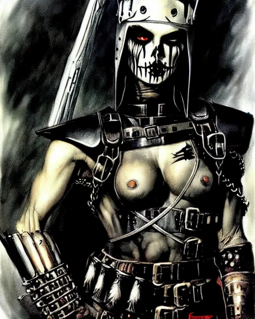 Image similar to portrait of a skinny punk goth soldier wearing armor by simon bisley, john blance, frank frazetta, fantasy, barbarian