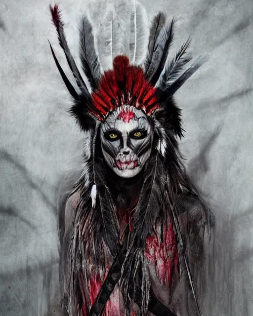 Image similar to wolf - human hybrid mutant ghost - spirit of the grim - warpaint wears the scarlet skull armor and native blood headdress feathers, midnight fog - mist!, dark oil painting colors, realism, cinematic lighting, various refining methods, micro macro autofocus, ultra definition, award winning photo, photograph by ghostwave - gammell - giger - shadowlord