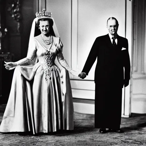 Prompt: Black and White photograph of Queen Elizabeth the second holding hands with the Devil, 4k, highly detailed, 1952