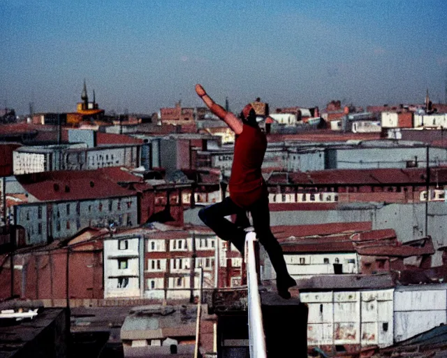 Prompt: lomo photo out of focus of roofjumpers climbing on roof of soviet hrushevka, small town, cinestill, bokeh, out of focus