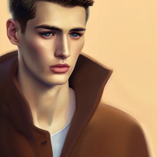 Image similar to tall man in his twenties with brown blond short quiff hair and thin slightly round facial structure with cleft chin, straight eyebrows and prominent nose, good definition of cheekbones, big hazel nut brown eyes, narrow face, slim body, atmospheric lighting, painted, intricate, 4 k, highly detailed by charlie bowater