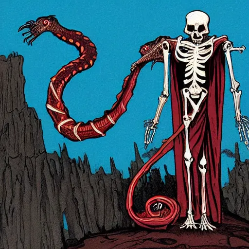 Image similar to A beautiful computer art of a horned, red-eyed, skeleton-like creature, with a long black cape, and a staff with a snake wrapped around it, standing in front of a castle atop a cliff. deep indigo, burnt sienna by Todd McFarlane ordered