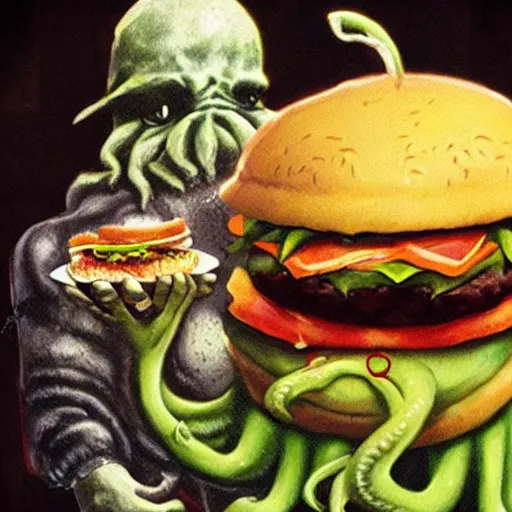 Image similar to Cthulhu eating a cheeseburger, photo realistic, award-winning, highly-detailed, epic, cinematic, dramatic