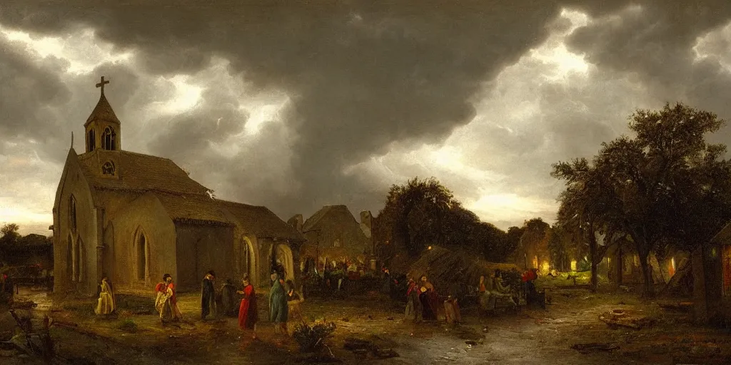 Image similar to a church in a village during a thunderstorm, cozy, by george henry durrie