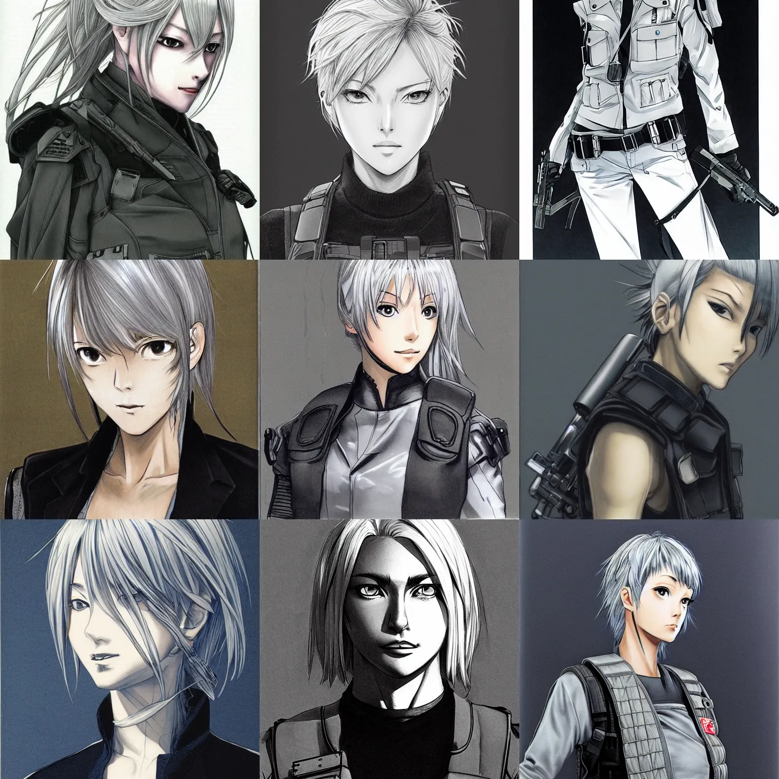 Prompt: silver hair girl, tactical vest, portrait ilustration by Takehiko Inoue