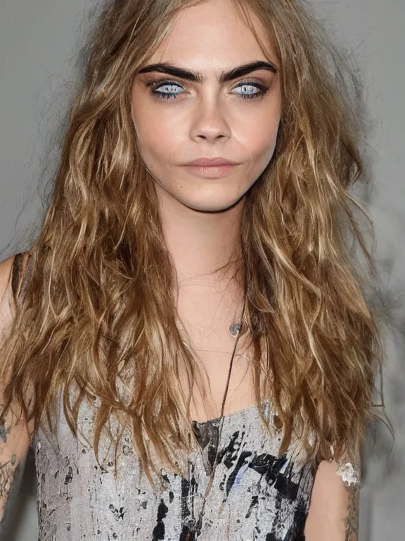 Image similar to hyperdetailed close shot of cara delevingne, winds of winter, with ripped crop t - shirt, fine - face, pretty face