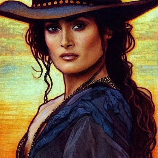 Prompt: salma hayek in wild wild west, portrait, mucha style