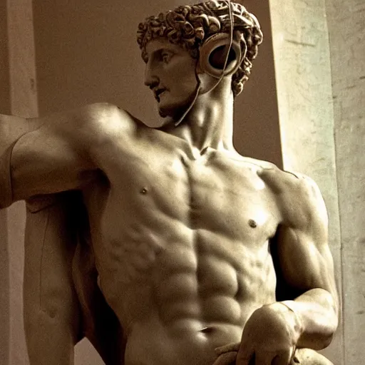 Image similar to A 35mm photo of Michelangelo’s sculpture of David wearing headphones