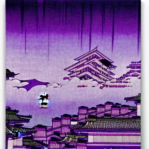 Image similar to purple cyberpunk city, by Hokusai