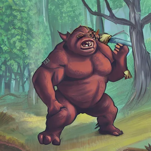 Image similar to An orc in a forest throwing a boar, digital art